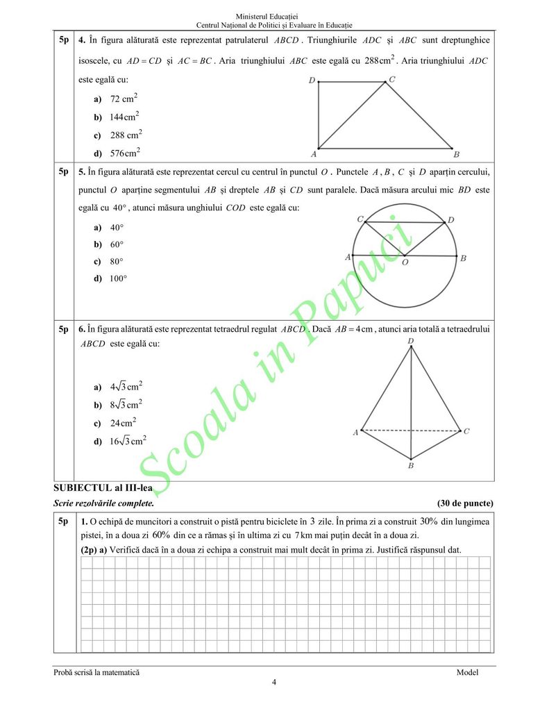 Model Evaluarea Națională 2025 - Matematică - P4