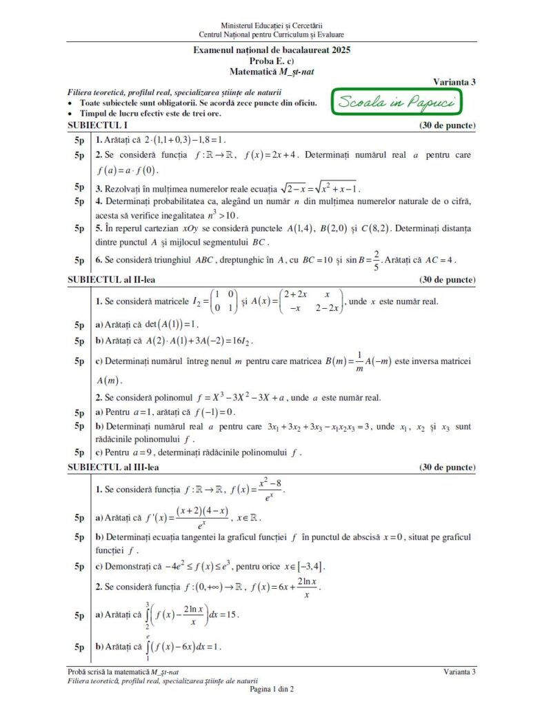 Sesiunea specială - Bacalaureat 2025 - Matematică M_st-naturii - 25 Mai 2025 - P1