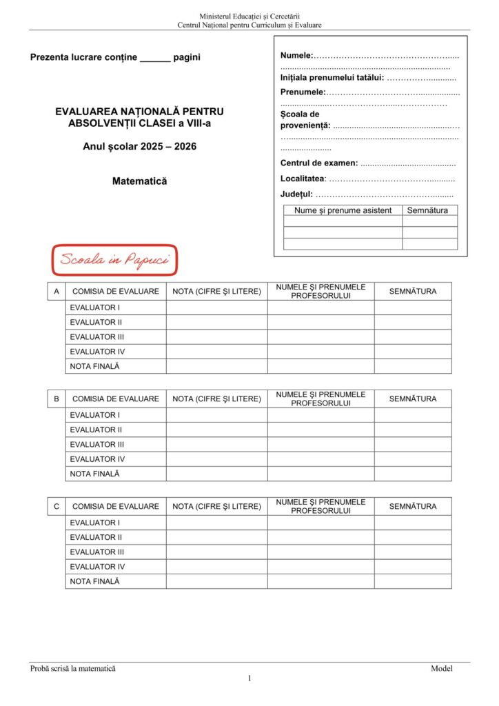 Model Evaluarea Naționala 2026 , clasa a VIII-a, Matematica