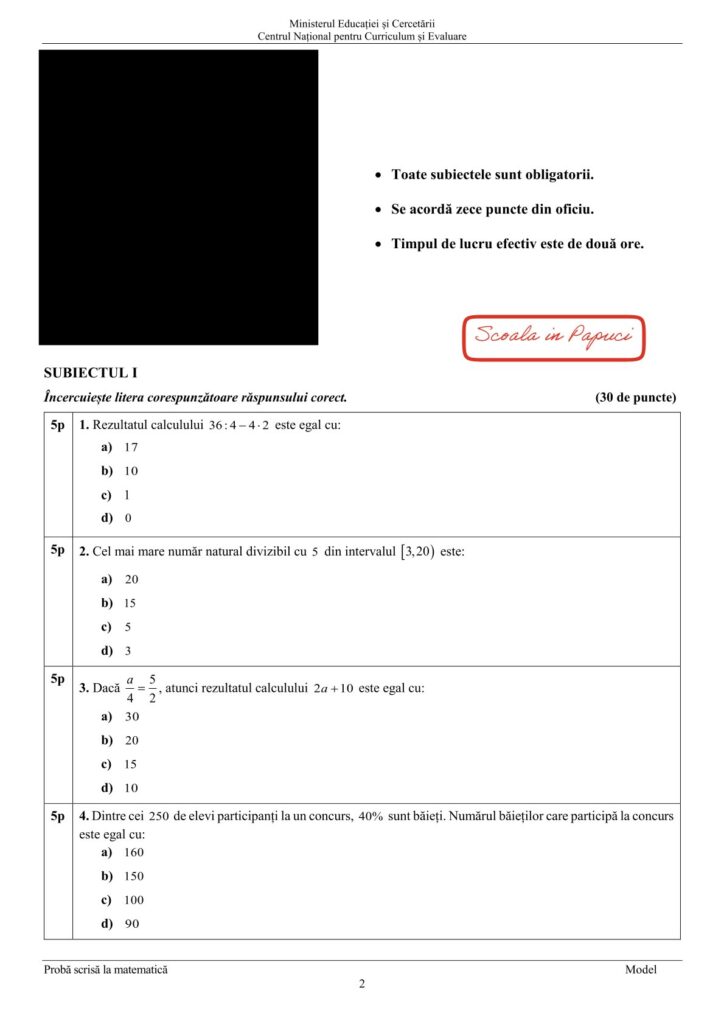 Model Evaluarea Naționala 2026 , clasa a VIII-a, Matematica