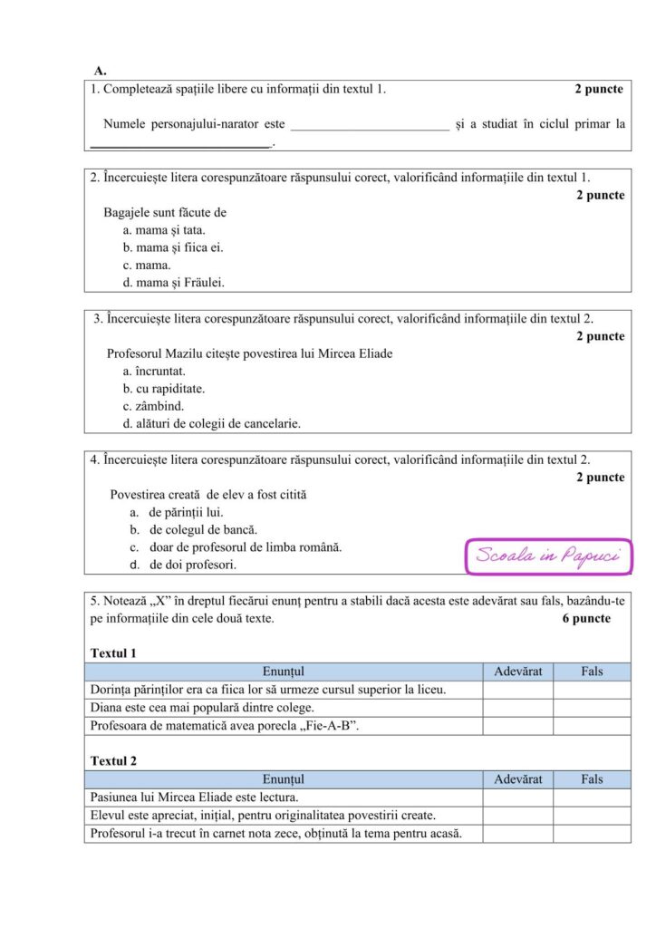 Test de antrenament nr. 1 - Limba și literatura română - Evaluarea națională 2026 - ISJ Brăila