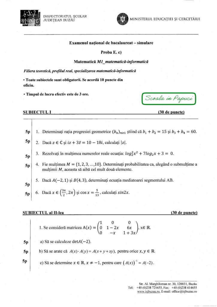Subiect Simulare Bacalaureat 2026 - Specializarea matematică-informatică - Matematică M_mate-info, 18 Noiembrie 2025, județul Buzău
