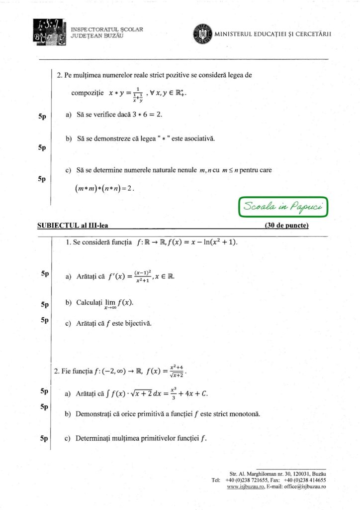 Subiect Simulare Bacalaureat 2026 - Specializarea matematică-informatică - Matematică M_mate-info, 18 Noiembrie 2025, județul Buzău