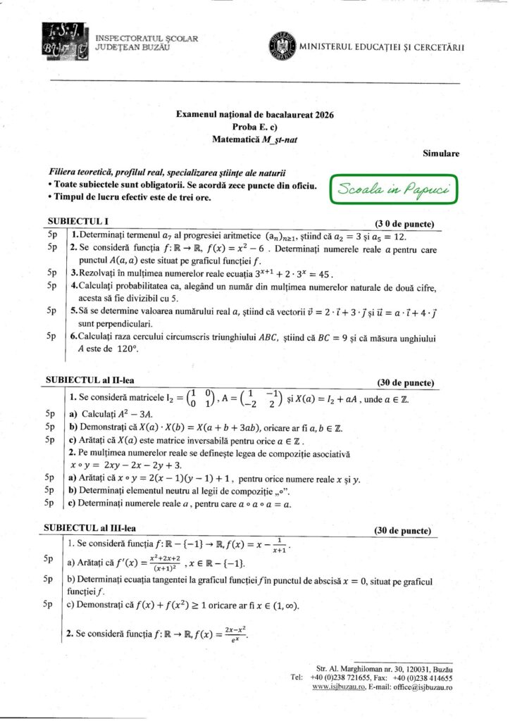 Subiect Simulare Bacalaureat 2026 - Specializarea științe ale naturii - Matematică M_st-naturii, 18 Noiembrie 2025, județul Buzău