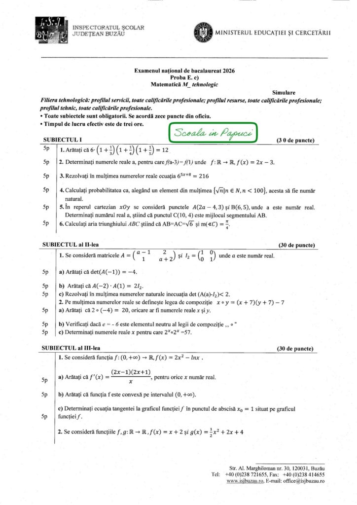 Subiect Simulare Bacalaureat 2026 - Filiera tehnologică - Matematică M_tehnologic, 18 Noiembrie 2025, județul Buzău
