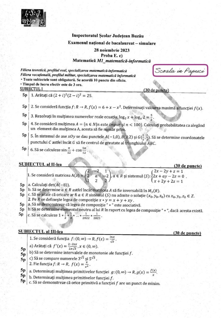 ISJ Buzau - Simulare Bacalaureat 2024 - Matematica M_mate-info - 28 Noiembrie 2023 - Subiect