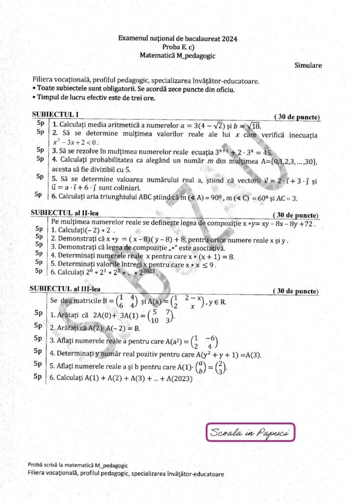 ISJ Buzau - Simulare Bacalaureat 2024 - Matematica M_pedagogic - 28 Noiembrie 2023 - Subiect