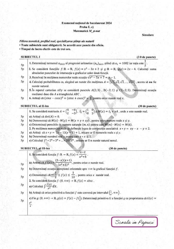 ISJ Buzau - Simulare Bacalaureat 2024 - Matematica M_st-nat - 28 Noiembrie 2023 - Subiect