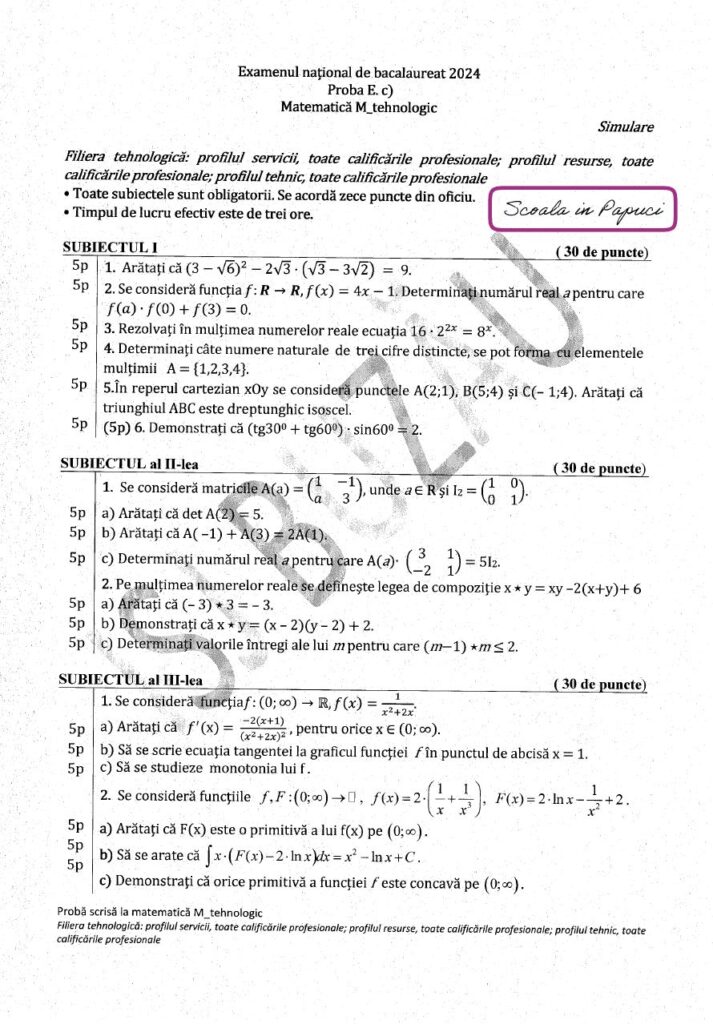 ISJ Buzau - Simulare Bacalaureat 2024 - Matematica M_tehnologic - 28 Noiembrie 2023 - Subiect