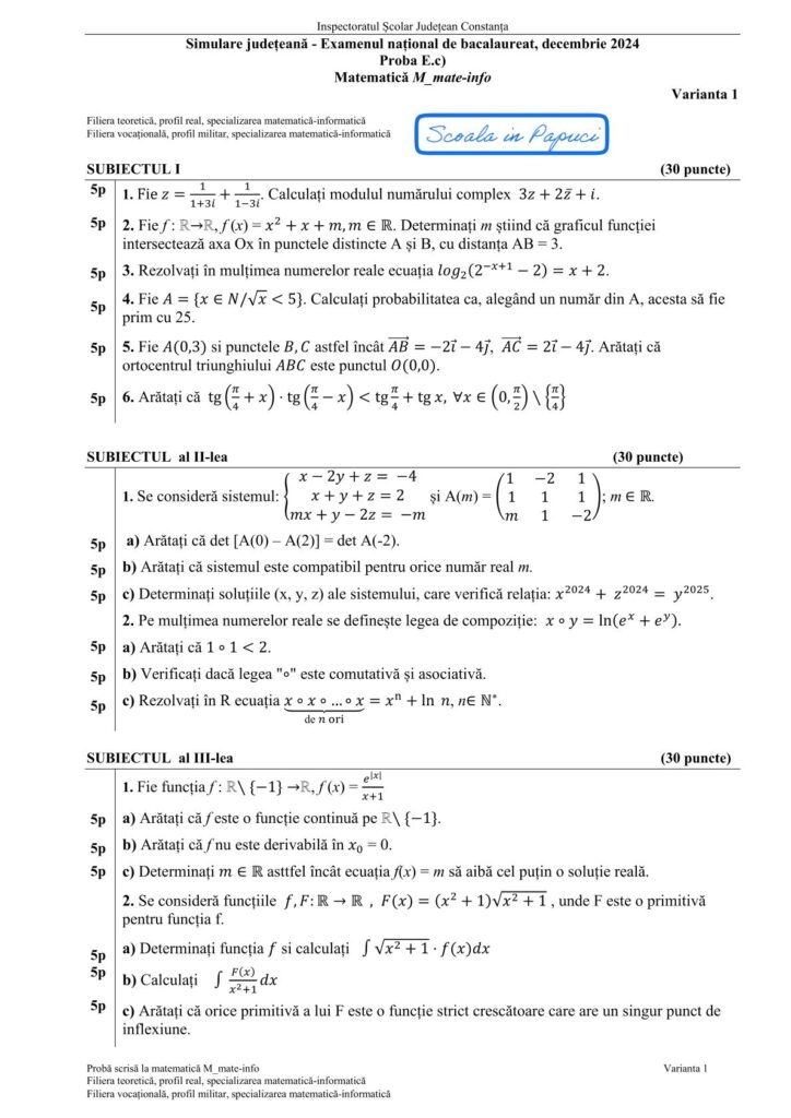 Subiecte Simulare Bacalaureat 2025 - Specializarea matematică-informatică - Matematică M_mate-info, Decembrie 2024, simulare Constanța