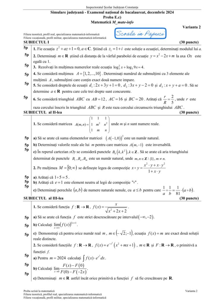 Subiecte Simulare Bacalaureat 2025 - Specializarea matematică-informatică - Matematică M_mate-info, Decembrie 2024, simulare Constanța