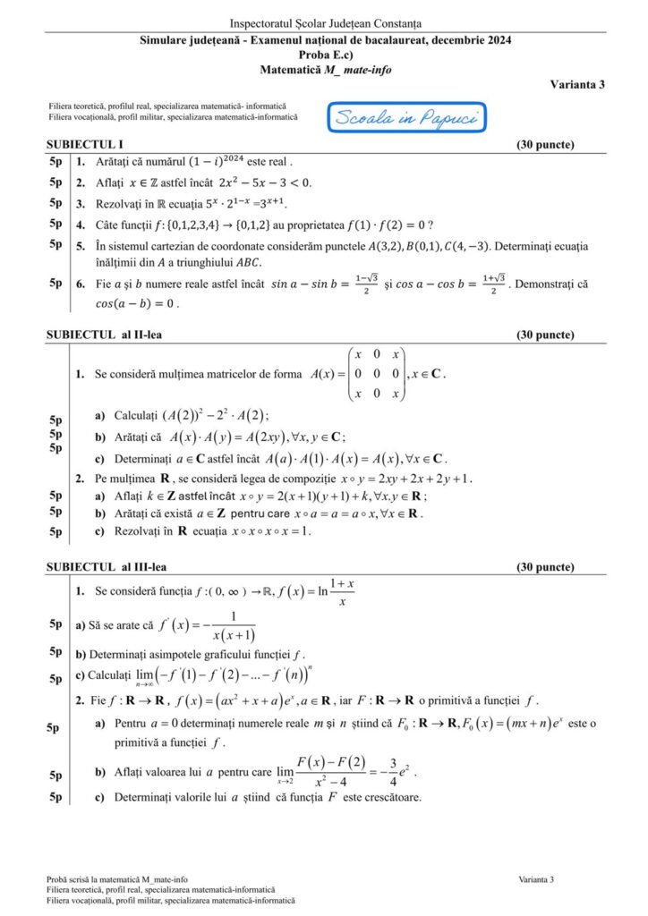 Subiecte Simulare Bacalaureat 2025 - Specializarea matematică-informatică - Matematică M_mate-info, Decembrie 2024, simulare Constanța