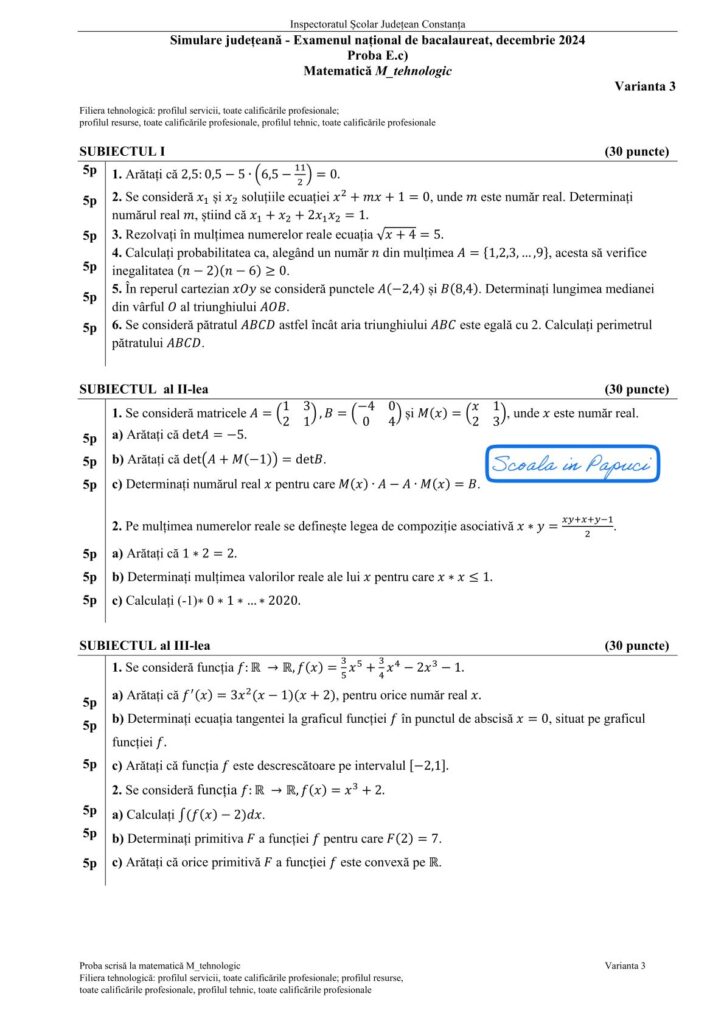 Subiecte Simulare Bacalaureat 2025 - Filiera tehnologică - Matematică M_tehnologic, Decembrie 2024, simulare Constanța