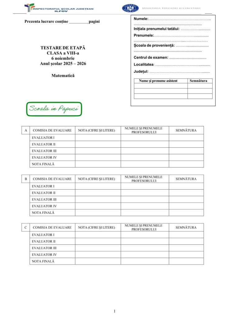 Simulare de limba si literatura romana Testul nr. 1 - Testarea de etapa - 5 Noiembrie 2025 - ISJ Ilfov