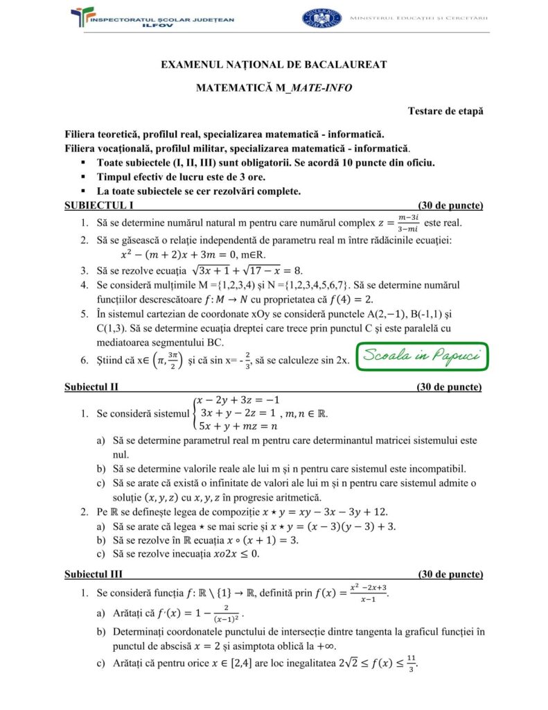 Subiect Testarea de etapă - Testul nr. 1 - Specializarea matematică-informatică - Matematică M_mate-info, 6 Noiembrie 2025, simulare Ilfov