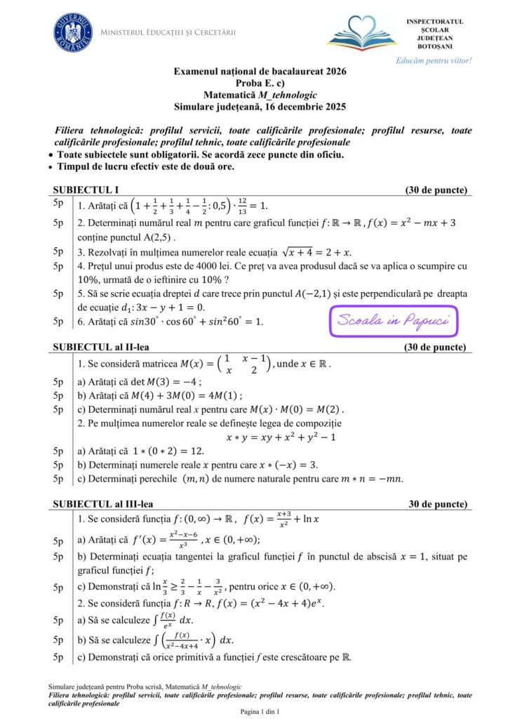 ISJ Botosani - Simulare BAC 2026 - Matematica_TEH - 16 Decembrie 2025 - Subiect