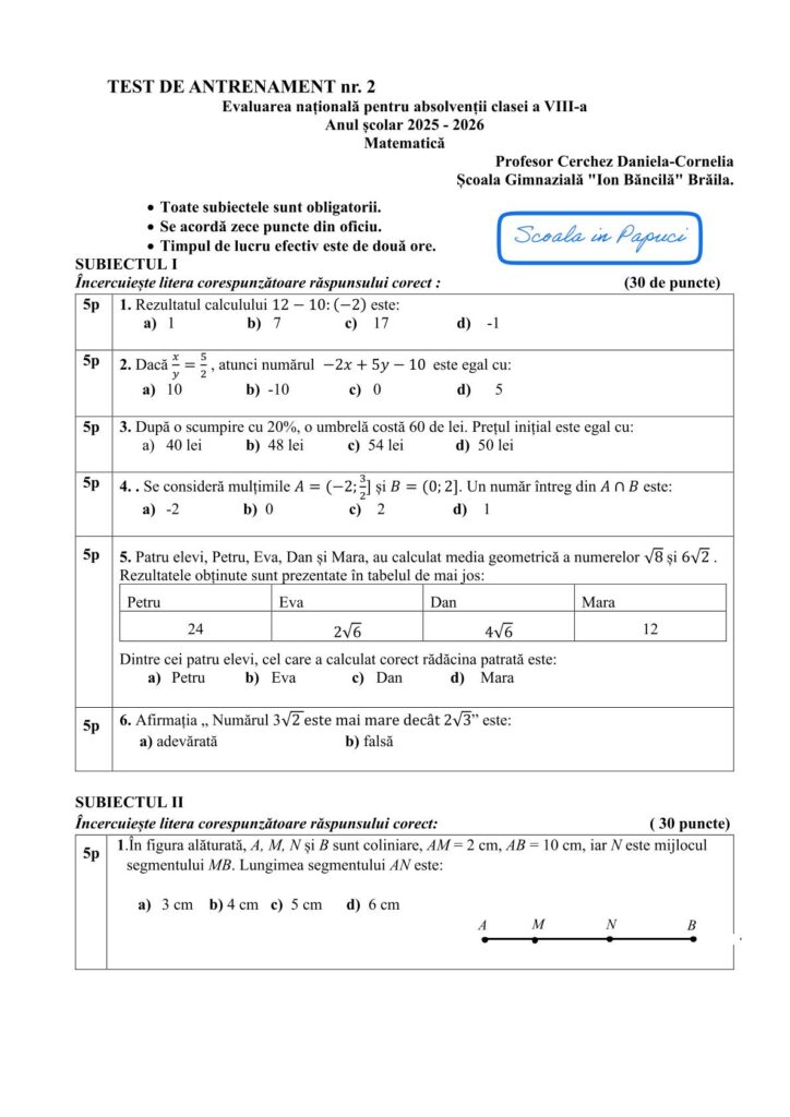 Test de antrenament nr. 2 - Matematică - Evaluarea națională 2026 - ISJ Brăila
