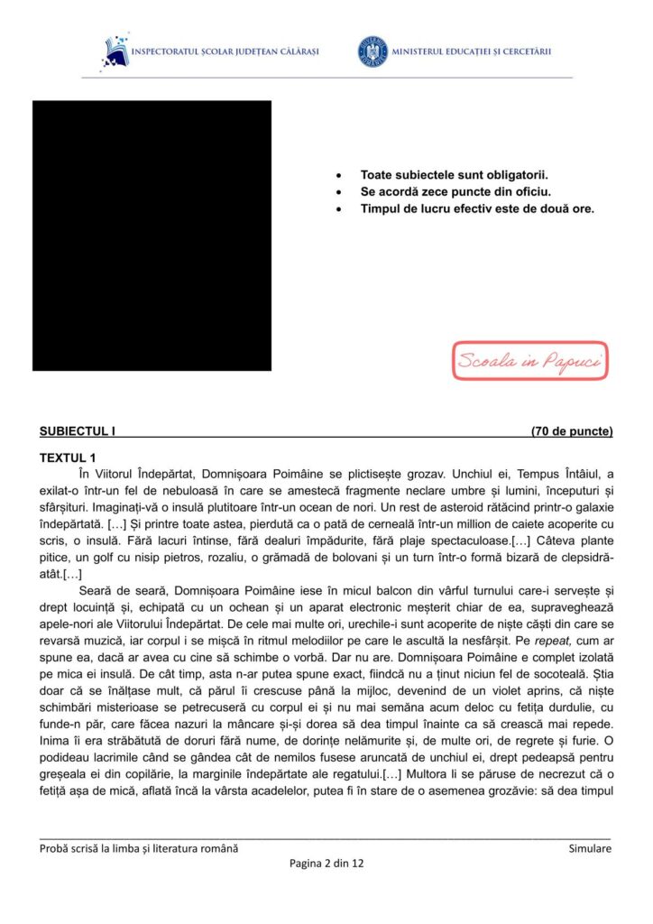 Simulare Evaluarea Națională 2026 - Limba și literatura română - 15 Decembrie 2025 - ISJ Călărași