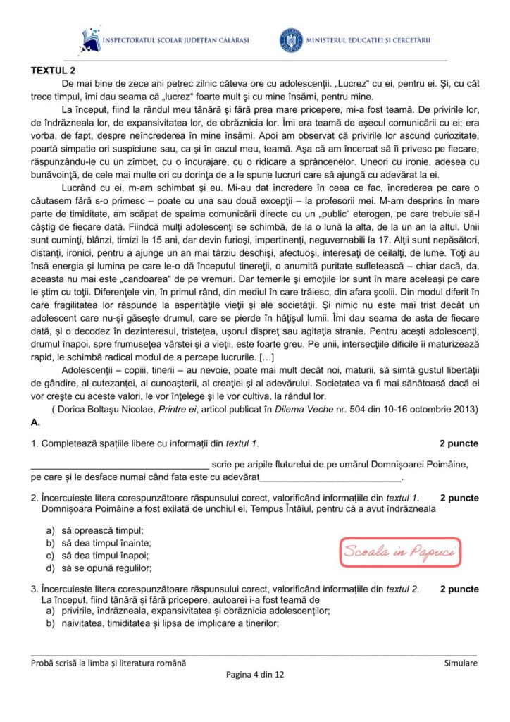 Simulare Evaluarea Națională 2026 - Limba și literatura română - 15 Decembrie 2025 - ISJ Călărași
