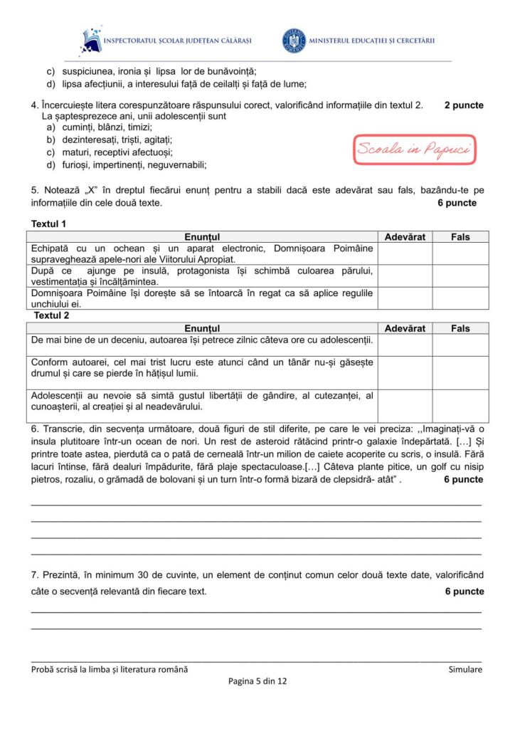 Simulare Evaluarea Națională 2026 - Limba și literatura română - 15 Decembrie 2025 - ISJ Călărași