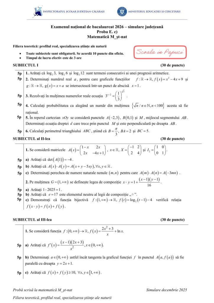 ISJ Calarasi - Simulare BAC 2026 - Matematica_SN - 16 Decembrie 2025 - Subiect - P1
