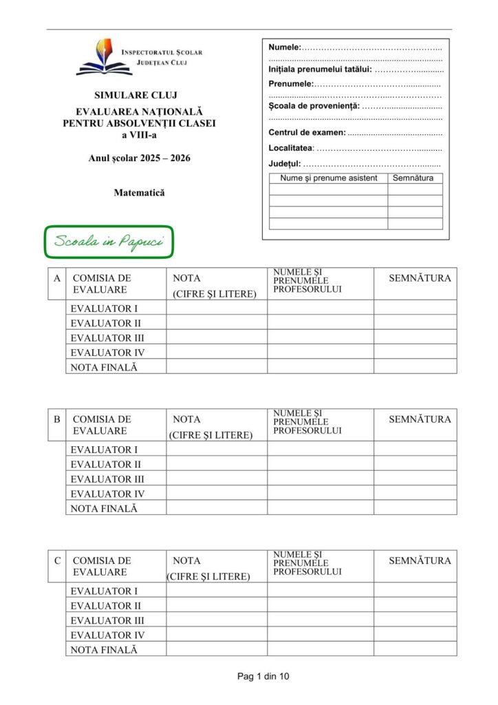 Simulare Evaluarea Națională 2026 - Matematică - 9 Decembrie 2025 - ISJ Cluj