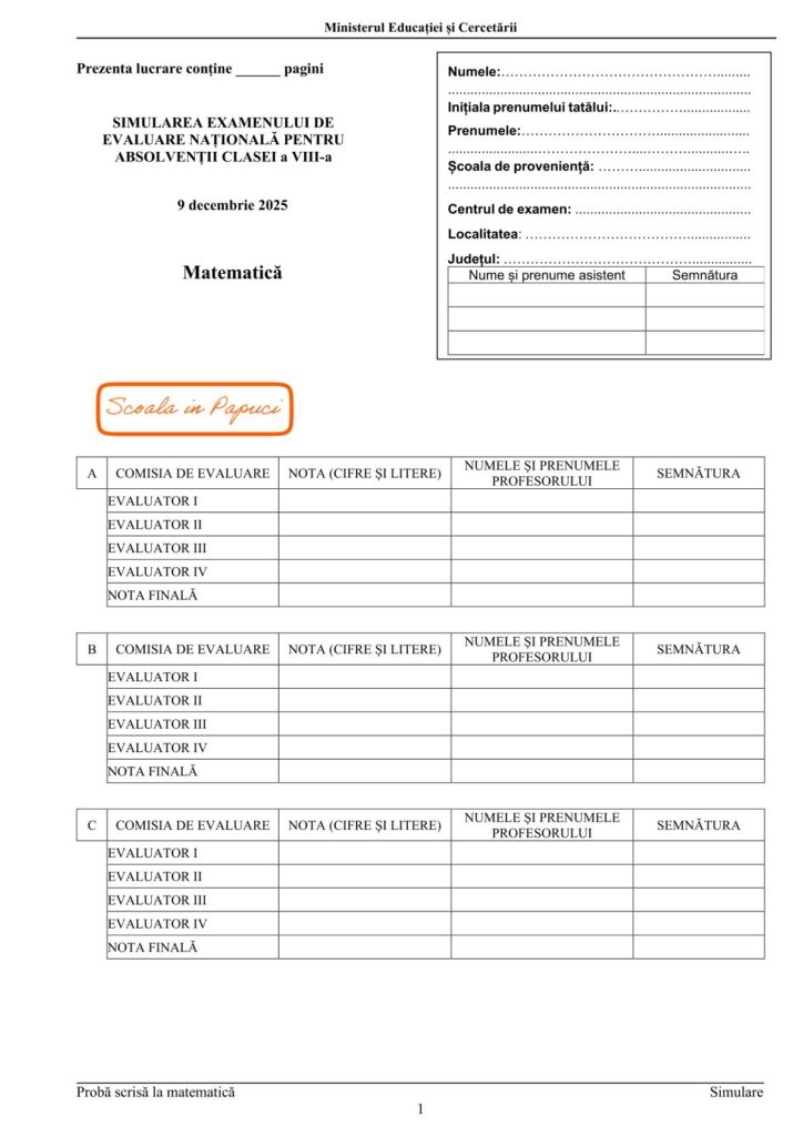 Simulare Evaluarea Națională 2026 - Matematică - 9 Decembrie 2025 - ISJ Iași