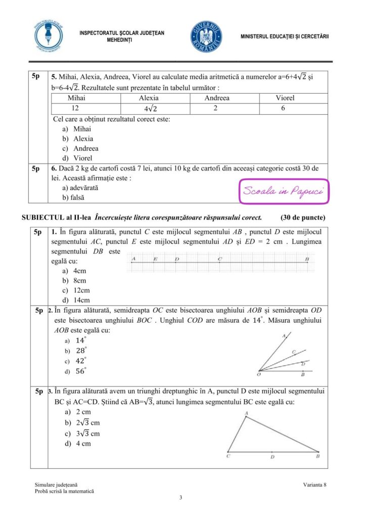 Simulare Evaluarea Națională 2026 - Matematică - 9 Decembrie 2025 - ISJ Mehedinți
