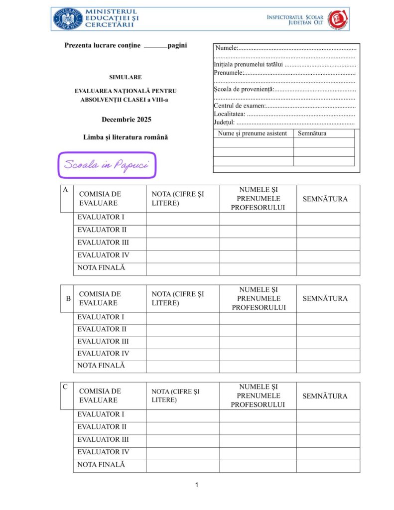 Simulare Evaluarea Națională 2026 - Limba și literatura română - 3 Decembrie 2025 - ISJ Olt - P1