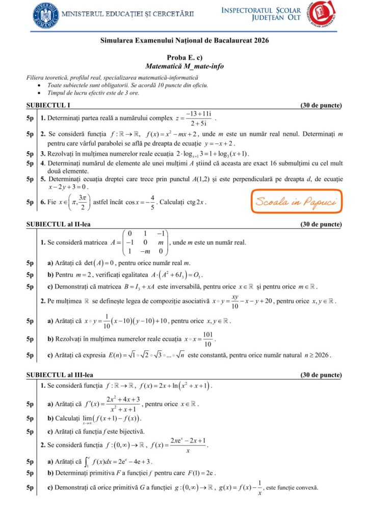 Subiect Simulare Bacalaureat 2026 - Specializarea matematică-informatică - Matematică M_mate-info, 11 Decembrie 2025, județul Olt