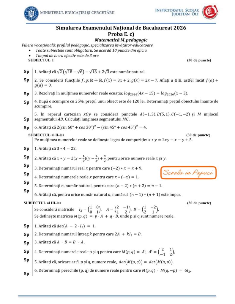 Subiect Simulare Bacalaureat 2026 - Filiera vocațională, profilul pedagogic, specializarea învățător-educatoare - Matematică M_pedagogic, 11 Decembrie 2025, județul Olt