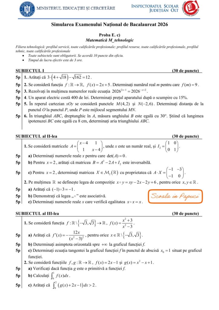 Subiect Simulare Bacalaureat 2026 - Filiera tehnologică - Matematică M_tehnologic, 11 Decembrie 2025, județul Olt