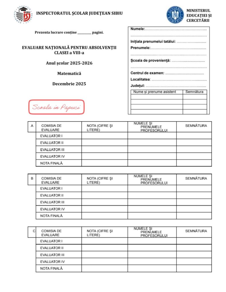 Simulare Evaluarea Națională 2026 - Matematică - 9 Decembrie 2025 - ISJ Sibiu