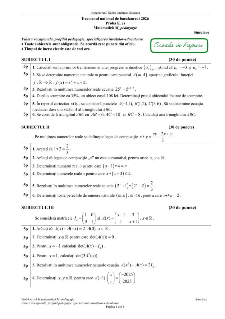 ISJ Suceava - Simulare BAC 2026 - Matematica_PED - Noiembrie 2025 - Subiect
