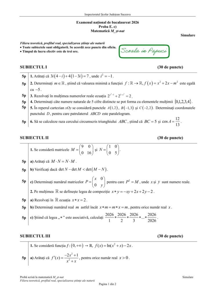 ISJ Suceava - Simulare BAC 2026 - Matematica_SN - Noiembrie 2025 - Subiect - P1