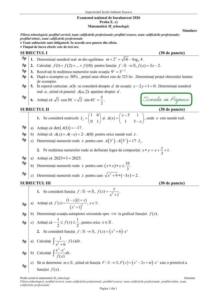 Subiect Simulare BAC 2026 - Matematică M_st-tehnologic, Noiembrie 2025, ISJ Suceava