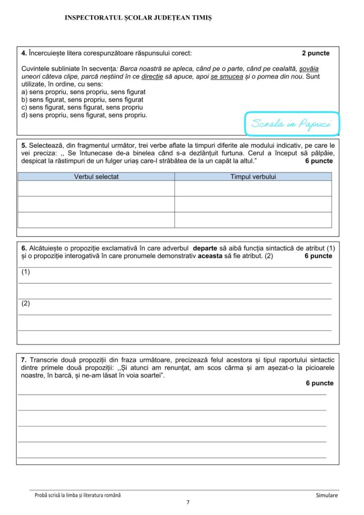 Simulare Evaluarea Națională 2026 - Limba și literatura română - 8 Decembrie 2025 - ISJ Timiș