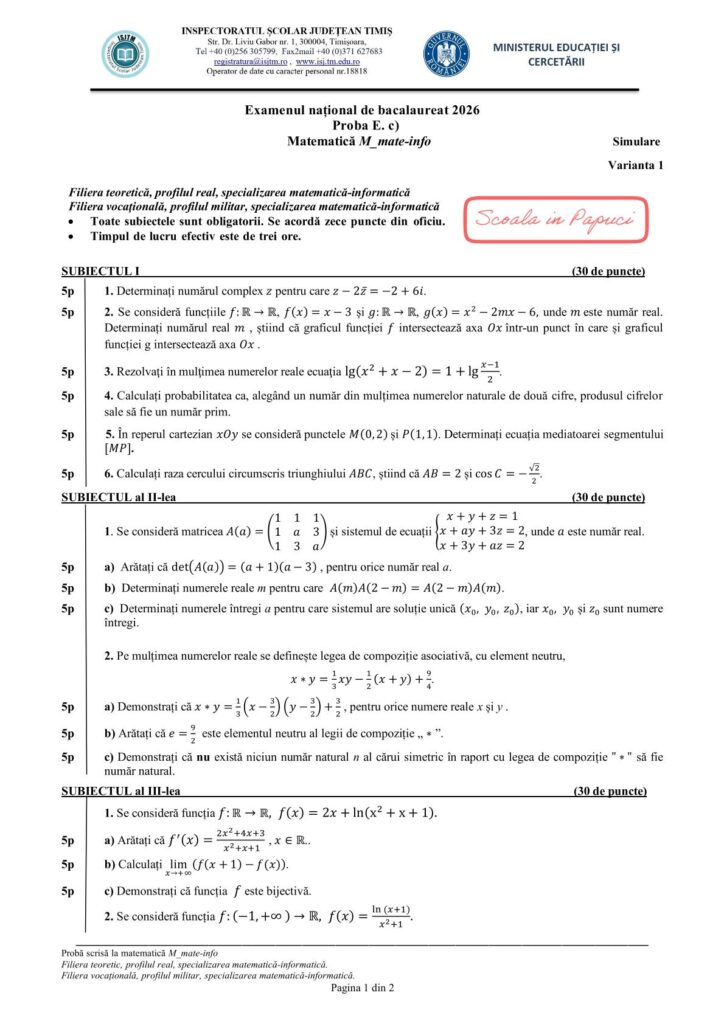 Subiect Simulare Bacalaureat 2026 - Specializarea matematică-informatică - Matematică M_mate-info, 9 Decembrie 2025, județul Timiș