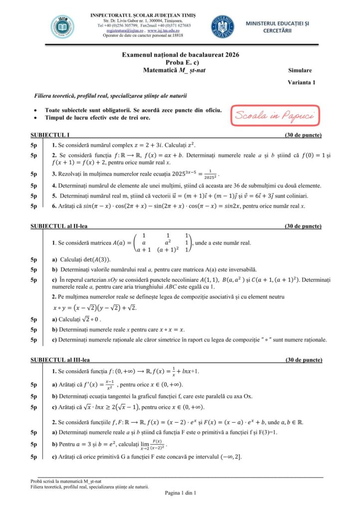 Subiect Simulare Bacalaureat 2026 - Specializarea științe ale naturii - Matematică M_st-naturii, 9 Decembrie 2025, județul Timiș