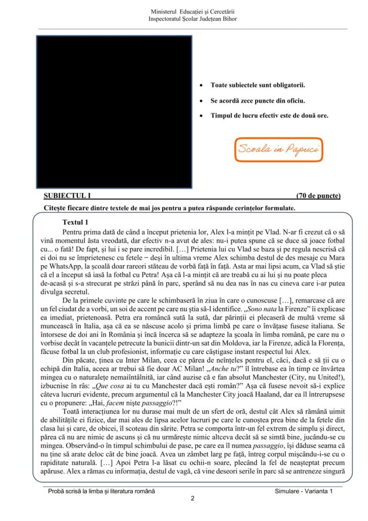 Simulare Evaluarea Națională 2026 - Limba și literatura română - 19 Ianuarie 2026 - ISJ Bihor