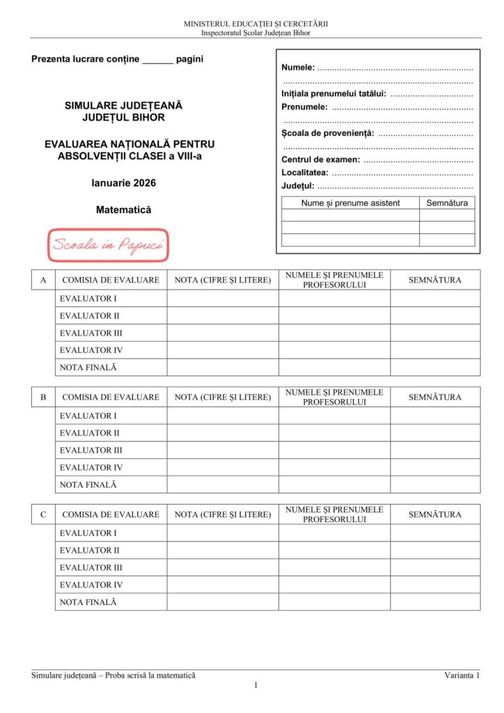 Simulare Evaluarea Națională 2026 - Matematică - 20 Ianuarie 2026 - ISJ Bihor
