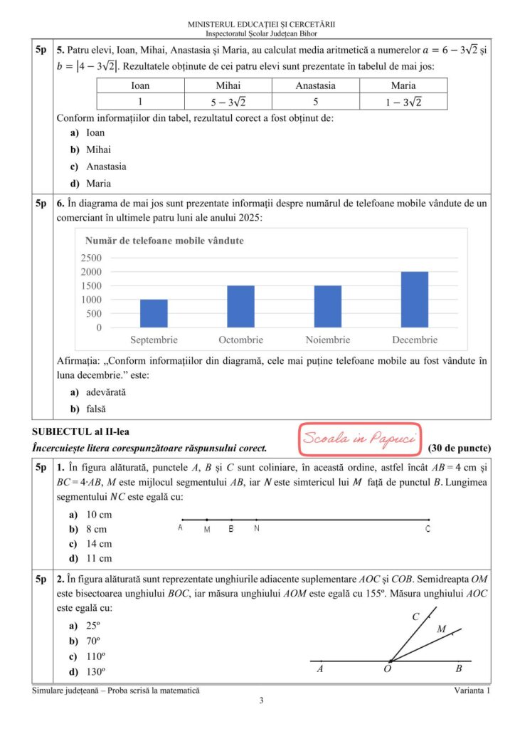 Simulare Evaluarea Națională 2026 - Matematică - 20 Ianuarie 2026 - ISJ Bihor
