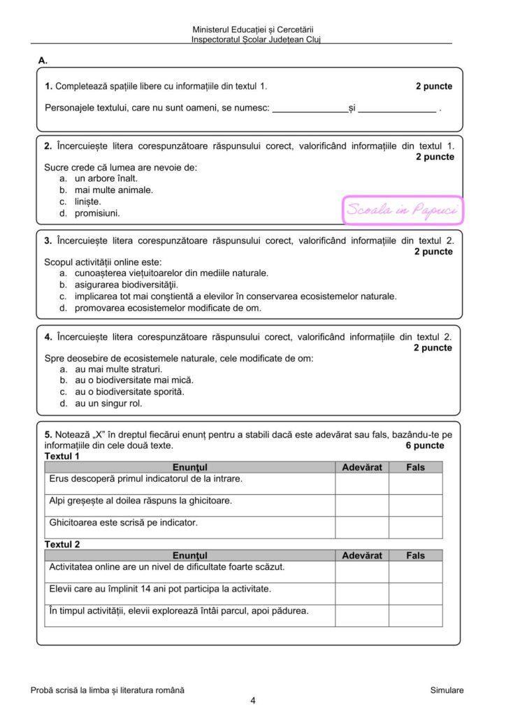Simulare Evaluarea Națională 2025 - Limba și literatura română - 20 Ianuarie 2025 - ISJ Cluj