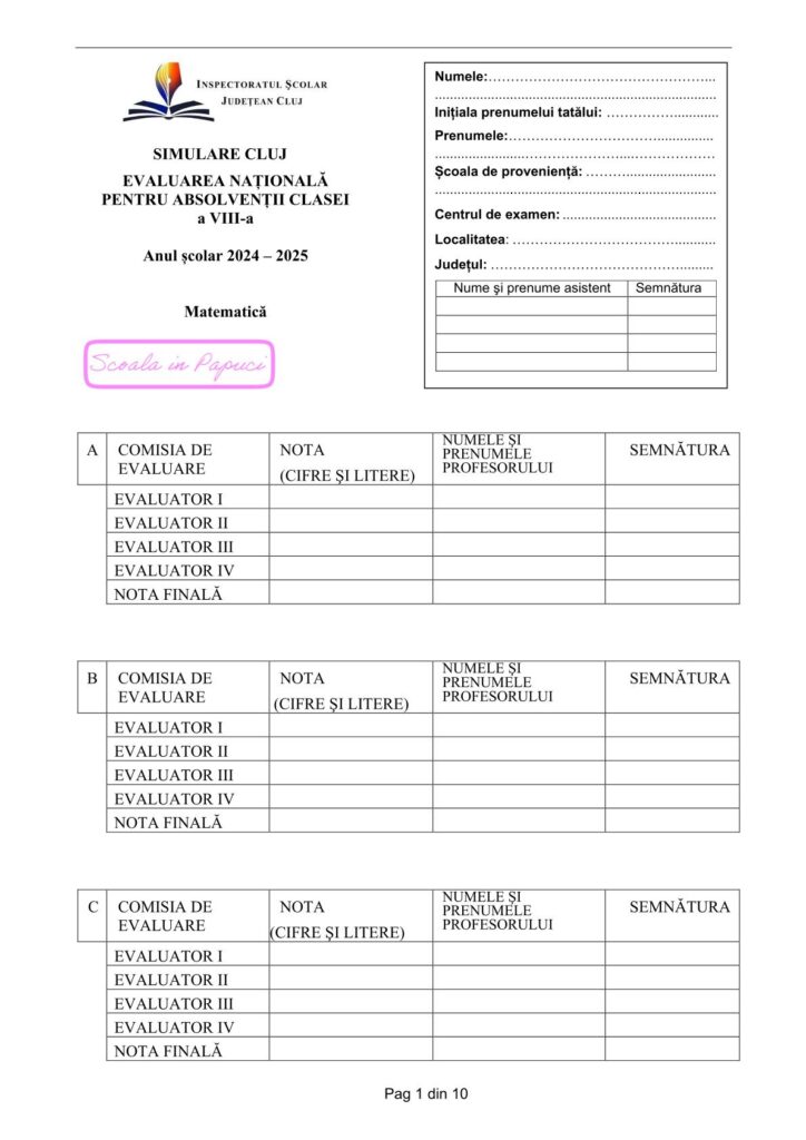 Simulare Evaluarea Națională 2025 - Matematică - 21 Ianuarie 2025 - ISJ Cluj