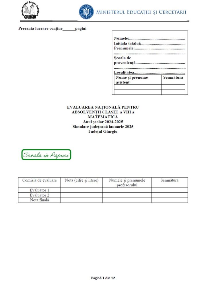 Simulare Evaluarea Națională 2025 - Matematică - 16 Ianuarie 2025 - ISJ Giurgiu