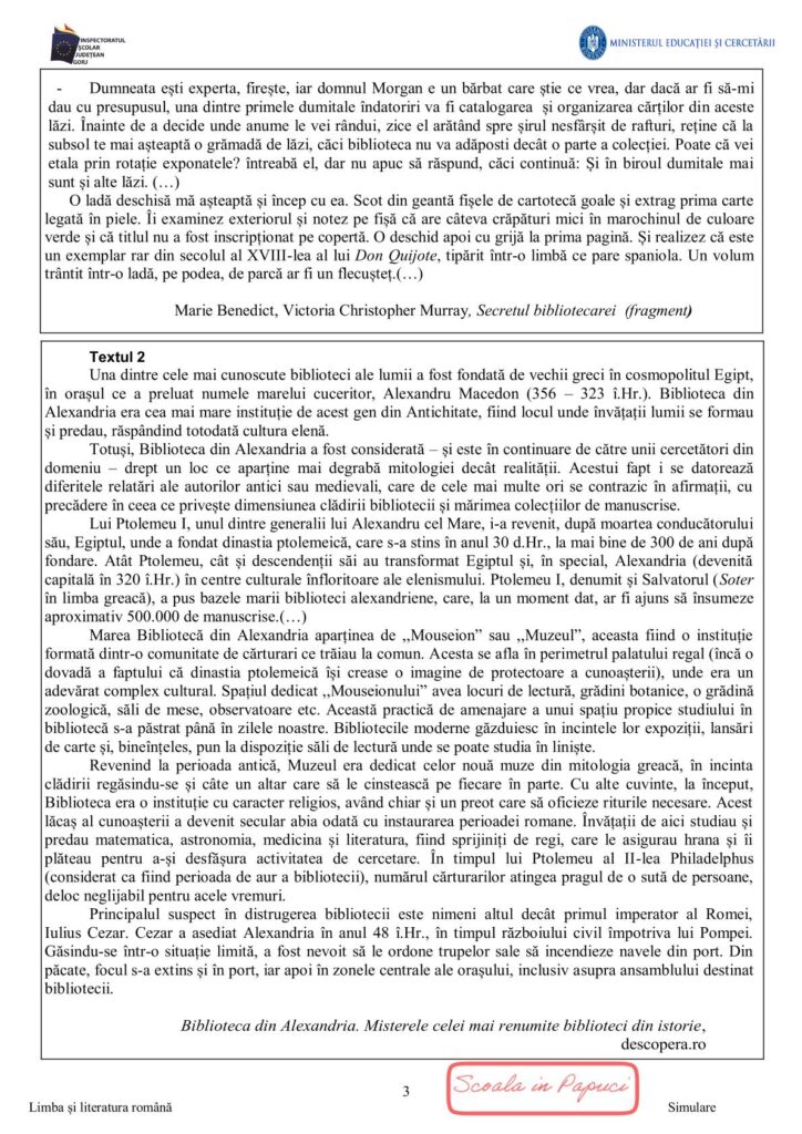 Simulare Evaluarea Națională 2026 - Limba și literatura română - 19 Ianuarie 2026 - ISJ Gorj