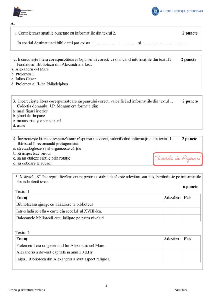 Simulare Evaluarea Națională 2026 - Limba și literatura română - 19 Ianuarie 2026 - ISJ Gorj