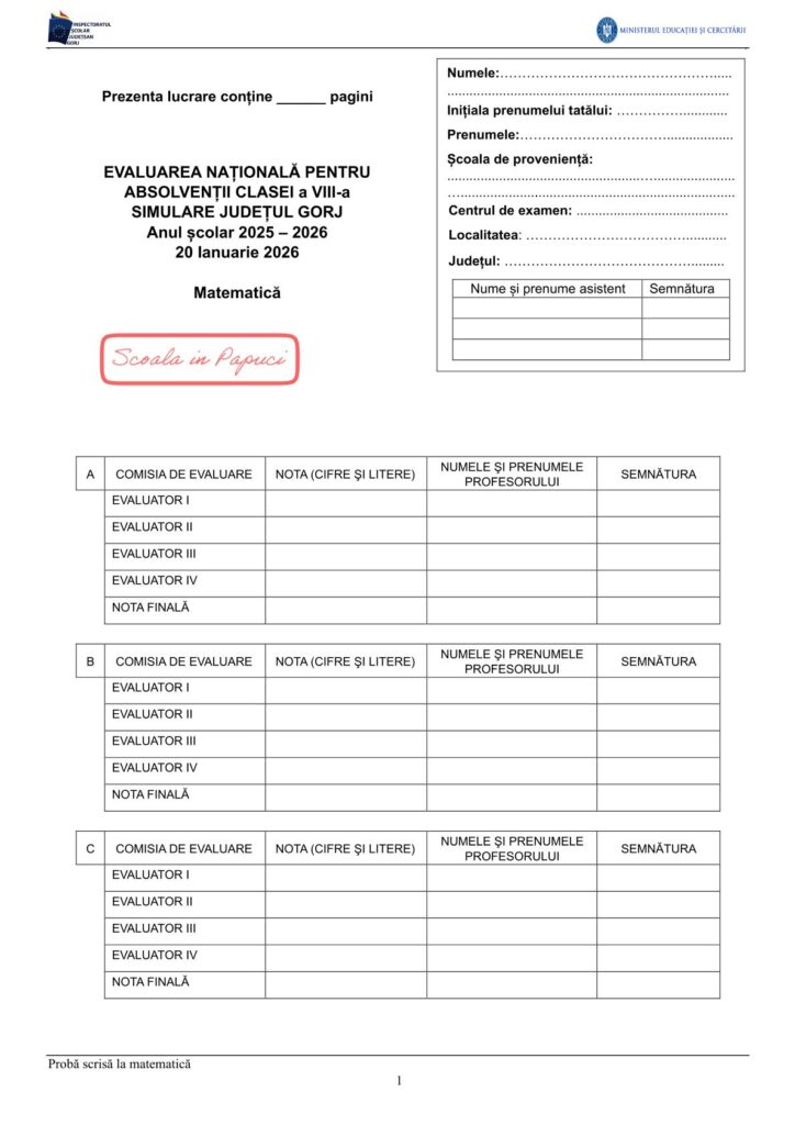Simulare Evaluarea Națională 2026 - Matematică - 20 Ianuarie 2026 - ISJ Gorj