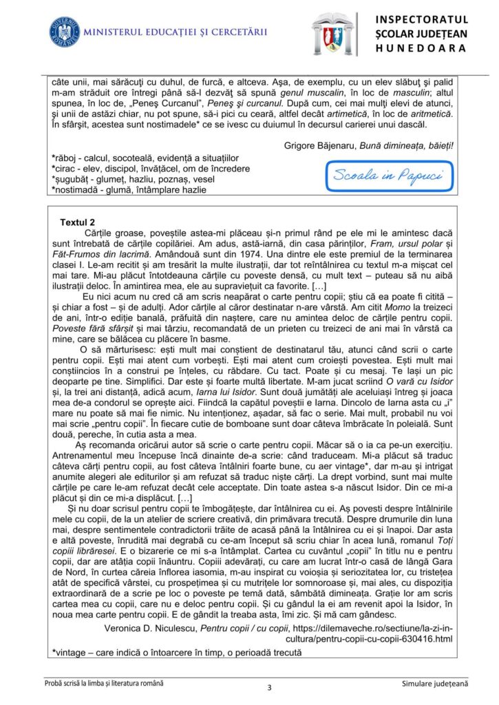 Simulare Evaluarea Națională 2026 - Limba și literatura română - 26 Ianuarie 2026 - ISJ Hunedoara 3