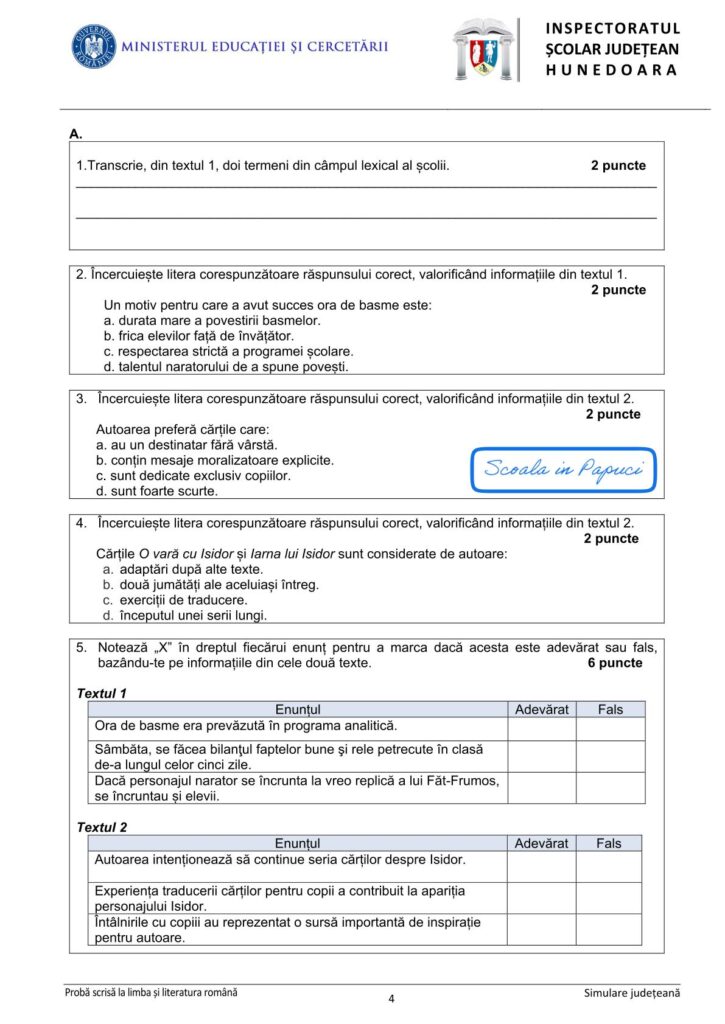 Simulare Evaluarea Națională 2026 - Limba și literatura română - 26 Ianuarie 2026 - ISJ Hunedoara 4